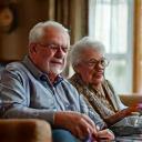 Thomas, a cheerful elderly man, enjoying a cup of tea with his wife in their cosy living room.