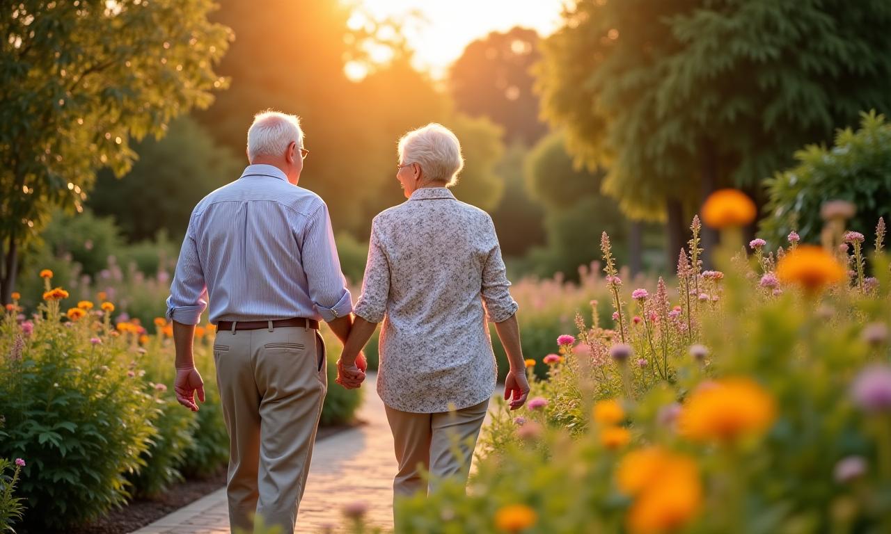 A smiling senior couple enjoying a walk through a blooming garden, bathed in warm sunlight.