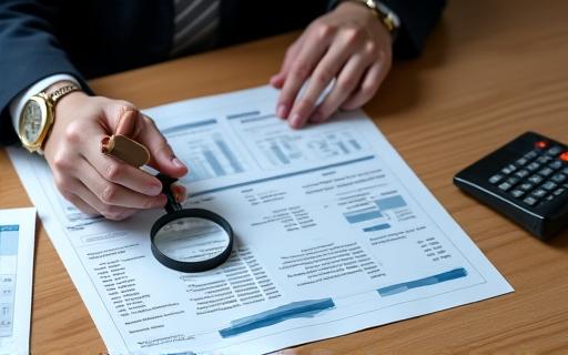 A person reviewing financial documents with a magnifying glass on a wooden desk, suggesting careful planning.