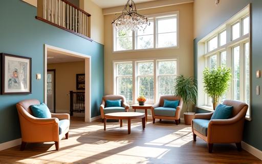 Bright and modern senior living community common area with comfortable seating and natural light.