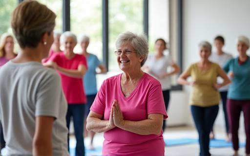 A group of smiling seniors participating in a gentle yoga class with an instructor, demonstrating active living.
